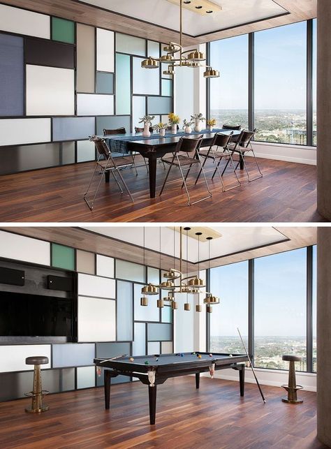 This modern apartment has a steel and glass wall that's reminiscent of a Piet Mondrian art piece. A section of the wall opens to reveal a television, while the custom-designed dining table can easily transform into a pool table. #DiningRoom #ApartmentDesign #InteriorDesign #PoolTable Glass Facade Design, Hide A Tv, Glass Wall Design, Glass Partition Wall, Glass Facade, Mondrian Art, Wall Trends, Office Wall Design, Wall Shelves Design