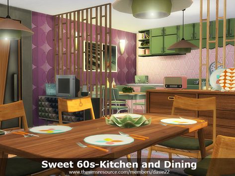 dasie2's Sweet 60s-Kitchen and Dining Living Room 70s, 70s Bedroom, Living Room Sims 4, 70s Living Room, 60s Kitchen, 60s Decor, 70s Furniture, 60s Furniture, Sims 4 Kitchen