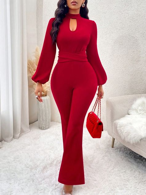 Pink Elegant Collar Long Sleeve Fabric Plain Other Embellished Slight Stretch  Women Clothing Bodycon Jumpsuit Outfit, Jumpsuits For Ladies, Flare Leg Jumpsuit, Jumpsuit Pink, Bodycon Jumpsuit, Pink Jumpsuit, Business Wear, Jumpsuit Outfit, Keyhole Neckline