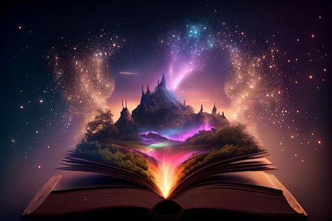 Photo generative ai of magic world openi... | Premium Photo #Freepik #photo #magic-book #fairy-tale-book #magic #fairy-tale Magic Cover Photos, Fantasy Computer Background, Book Magic Art, Fairy Tale Poster, Flier Designs, Magical Background, Book Landscape, Magic Library, Magical School