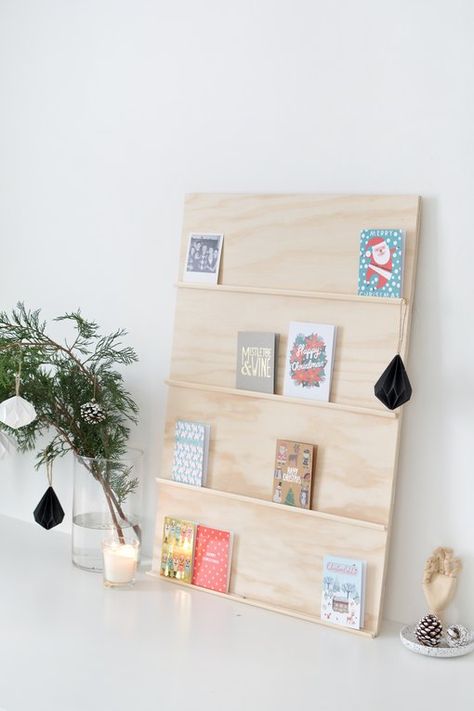 Don't You Want to Display Your Holiday Cards on This DIY Plywood Holder? | Hunker Greeting Card Display Stand, Christmas Car Decorations, Holiday Card Display, Christmas Cars, Postcard Holder, Cars Decorations, Greeting Card Display, Holiday Diy Projects, Christmas Card Display