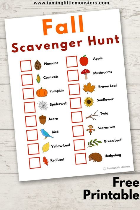 Fall Scavenger Hunt - Free Printable for Kids. grab your copy of this free game to play with your kids. perfect for toddlers, preschoolers and kindergarteners. #autumn #fall #freeprintable #toddlers #preschool #kindergarten Fall Scavenger Hunt, Teaching Mama, Scavenger Hunt For Kids, Autumn Activities For Kids, Fall Items, Outdoor Activities For Kids, Fall Crafts For Kids, Time Activities, Fall Activities