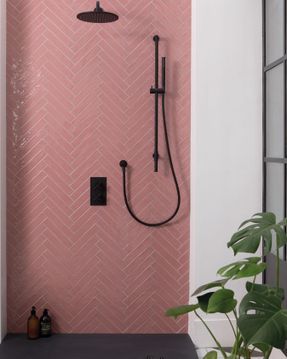 Gallery Slate Shower Tray, Slate Shower, Dark Green Bathrooms, Black Shower Tray, Wet Room Flooring, Glazed Brick, Stone Shower, Glazed Walls, Pink Tiles