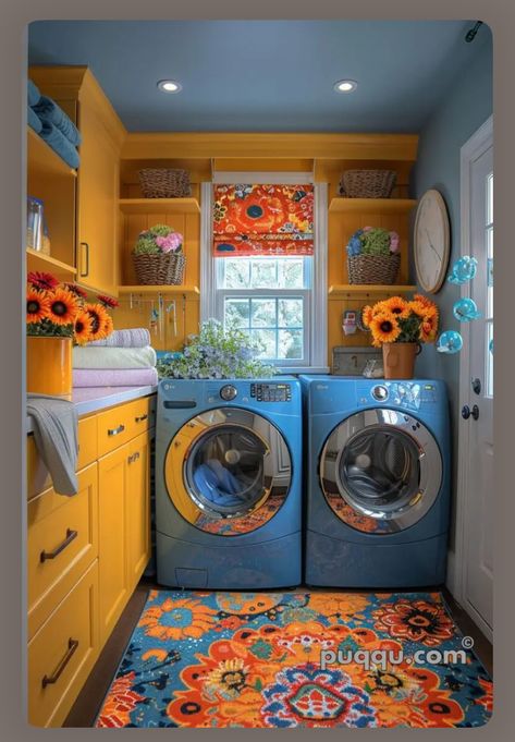 Maximalist Laundry Room, Yellow Laundry Room Ideas, Orange Laundry Room, Teal Laundry Room, Fun Laundry Room Ideas, Laundry Room Blue, Fun Laundry Room, Bright Laundry Room, Dream Laundry Room