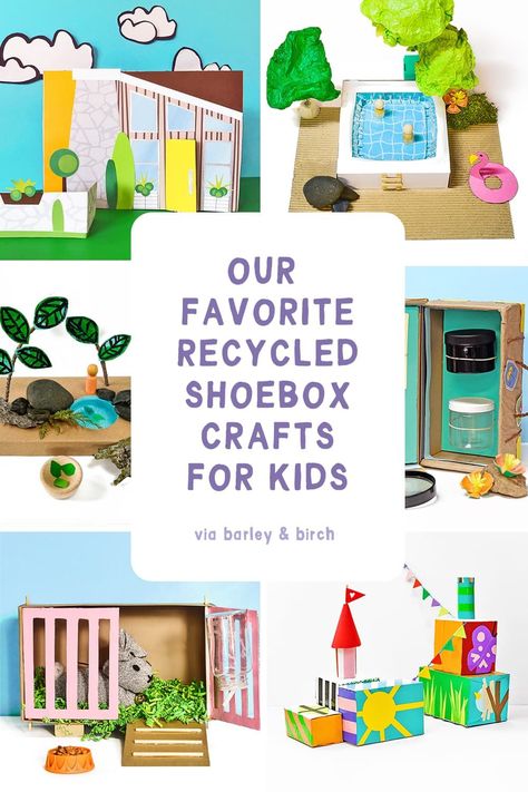 This collection of creative shoebox crafts for kids provides a wonderful opportunity to let your children's imaginations run wild! With a few simple materials, your children will be able to make all kinds of fun, creative objects that they can either use or display in their room. From shoebox pet play and shoebox cities to creative shoebox storage and display ideas, this set of upcycled shoebox projects are sure to provide hours of fun and entertainment for your kids! | from barley & birch Shoebox Crafts For Kids, Shoe Box Crafts For Kids, Shoe Box Decorating Ideas, Shoe Box Art, Shoebox Crafts, Creative Objects, Shoe Box Diy, Creative Storage Ideas, Shoe Box Crafts