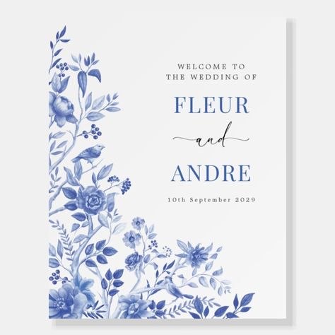 Blue Chinoiserie Birds & Peony Wedding Welcome Foam Board  Zazzle Chinoiserie Wedding Decor, Blue And White Wedding Theme, Chinoiserie Garden, French Blue Wedding, Chinoiserie Wedding, White Wedding Decorations, Toile Pattern, Floral Toile, White Wedding Theme