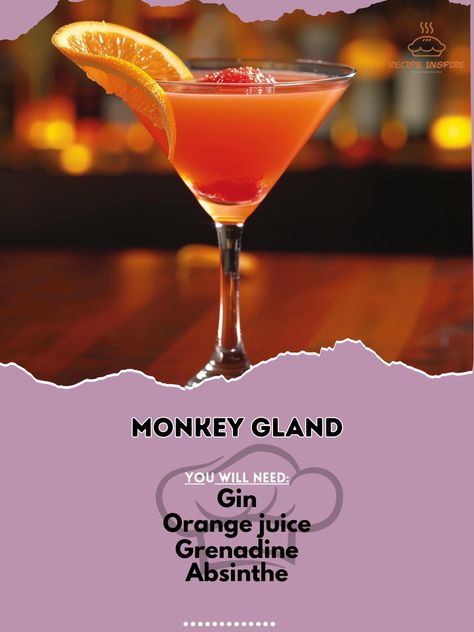 🍸 Embrace the exotic with a Monkey Gland cocktail! #ExoticFlavors #UniqueSips Monkey Gland Ingredients: Gin (1.5 oz) Orange juice (1.5 oz) Grenadine (2 dashes) Absinthe (1 dash) Ice (as needed) Orange twist (for garnish) Instructions: Combine gin, orange juice, grenadine, and absinthe in a shaker with ice. Shake well and strain into a chilled cocktail glass. Garnish with an orange twist. Enjoy this unique blend of flavors that’s sure to intrigue! 🍊🍸 #MonkeyGland #ExoticCocktail #FlavorAdv... Monkey Gland, Orange Twist, Yummy Alcoholic Drinks, Absinthe, Cocktail Glass, Alcohol Drink Recipes, Orange Juice, Gin, Juice