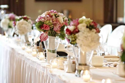 Head table dressed with bridal party bouquets Bridal Party Bouquets On Head Table, Head Table Flowers, Sweetheart Table Flowers, With Bridesmaid, Bridal Party Tables, Bridal Party Bouquets, Head Table Wedding, Bridesmaids Bouquets, Bridal Table