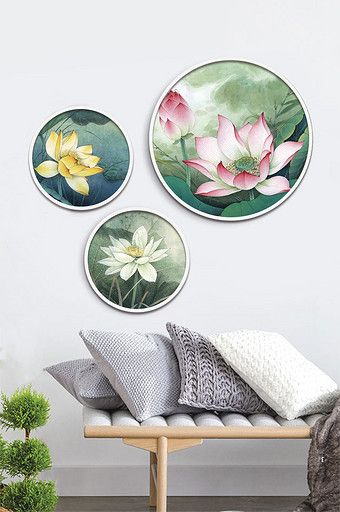 Plate Art Wall Decorating Ideas, Round Painting Ideas, Circular Canvas Painting, Chinese Lotus, Staircase Art, Circular Artwork, Chinese Wall Art, Circular Canvas, Abstract Decorative Painting