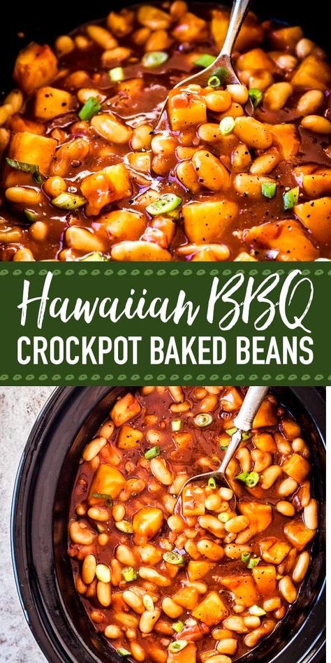 Hawaiian Baked Beans, Crock Pot Baked Beans, Picnic Gathering, Baked Beans Crock Pot, Luau Party Food, Bbq Baked Beans, Luau Food, Hawaiian Bbq, Hawaiian Dishes