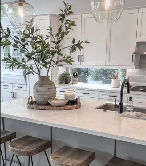 Faux Plants Kitchen, Island Countertop Decor, Counter Top Decor, Kitchen Island Centerpiece, Kitchen Island Decor Ideas, Plant Arrangement, Kitchen Island With Sink, Kitchen Countertop Decor, Countertop Decor