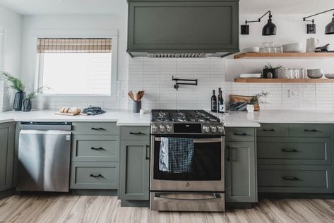 Classic and modern kitchen remodel... Mix and match kitchen appliance brands still look great! Olive Green Kitchen, Modern Kitchen Remodel, New Kitchen Cabinets, Green Cabinets, Gorgeous Kitchens, Trendy Kitchen, Open Shelves, Green Kitchen, Kitchen Style