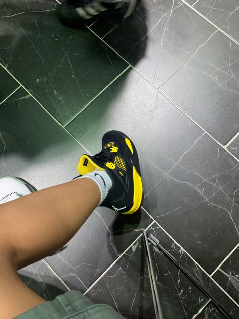 Air Jordan 4 Thunder Outfit, Yellow Thunder, Jordan 4 Thunder, Thunder Outfit, 4s Outfit, Thunder 4s, Jordan 4’s, Pretty Shoes Sneakers, Jordan Shoes Retro