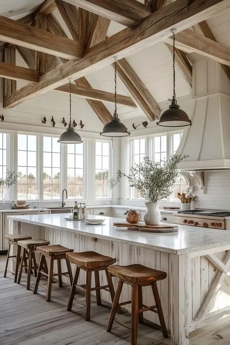 Cottage Open Floor Plan Interior, Inside A Barndominium, Modern Country Interior Design, Modern Barndominium Interior, Brown Couches, Barndominium Interior Ideas, Barndominium Kitchen, 2025 Kitchen, Barndominium Interior