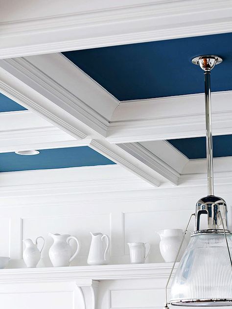 Diy Coffered Ceiling, Weekend Home Projects, Blue Ceiling, Budget Remodel, Blue Ceilings, Weekend Projects, Coffered Ceiling, Ceiling Medallions, The Ceiling