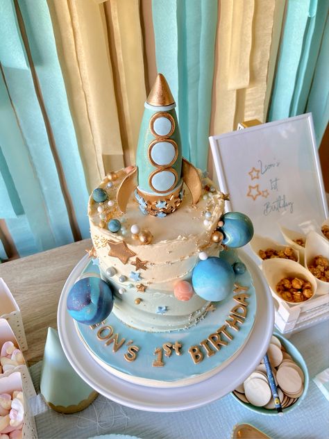 Outer Space 1st Birthday Cake, Space 1st Birthday Cake, Outer Space First Birthday Cake, Rocket Ship Smash Cake, Space First Birthday Cake Smash, Spaceship First Birthday, Spaceship Cake, First Birthday Cake Space, 1st Trip Around The Sun Birthday Cake