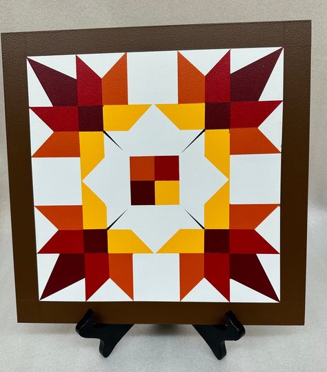 "12x12\" autumn leaves barn quilt on aluminum composite. Perfect for indoor decor but also sealed so it can hang outside. Hand painted by me in Rocky Mount, Virginia." Easy Fall Quilt Patterns, Fall Barn Quilt Patterns, Fall Barn Quilts, Orange Quilts, Wood Quilt, Fall Quilt Patterns, Mini Barn, Orange Quilt, Painted Barn Quilts