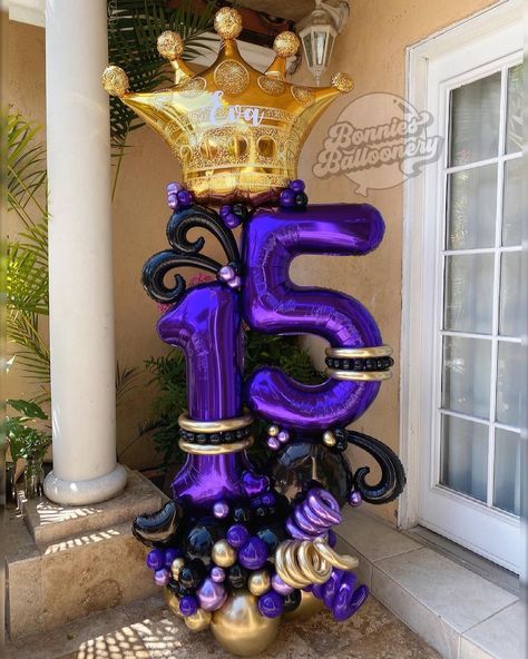 Black And Purple Sweet 16 Decorations, Black Quinceanera Theme, Crown Bouquet, Gold Anniversary Party, Green Graduation Party, Black And Gold Party Decorations, Balloons Design, Sneaker Ball, 16th Birthday Decorations