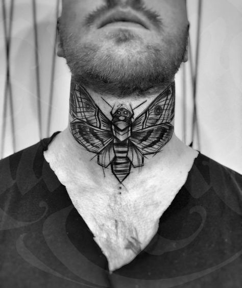 Moth Throat Tattoo Men, Moth Neck Tattoo Men, Front Neck Tattoo Design, Butterfly Neck Tattoo Men, Moth Tattoo Neck, Moth Throat Tattoo, Full Throat Tattoo Men, Moth Tattoo Men, Throat Tattoo Ideas