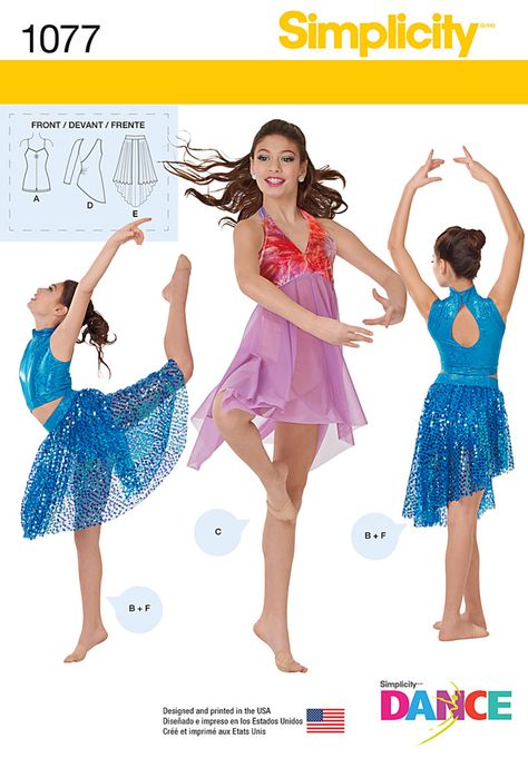 Simplicity 1077 Purchase Simplicity 1077 Girls' / Misses' Knit Dancewear and read its pattern reviews. Find other Costumes, Activewear, sewing patterns. Dancewear Patterns, Dress Patterns Uk, Dance Pattern, Open Skirt, Style Dress Patterns, Bodysuit With Shorts, Lyrical Dresses, Costume Sewing, Girls Dancewear