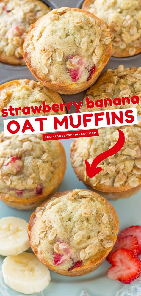 Strawberry Banana Muffins Healthy, Banana Strawberry Muffins, Strawberry Oat Muffins, Oatmeal Streusel Topping, Strawberry Oatmeal Muffins, Strawberries And Cream Oatmeal, Homemade Muffins Recipe, Strawberry Banana Muffins, Strawberry Muffin Recipes