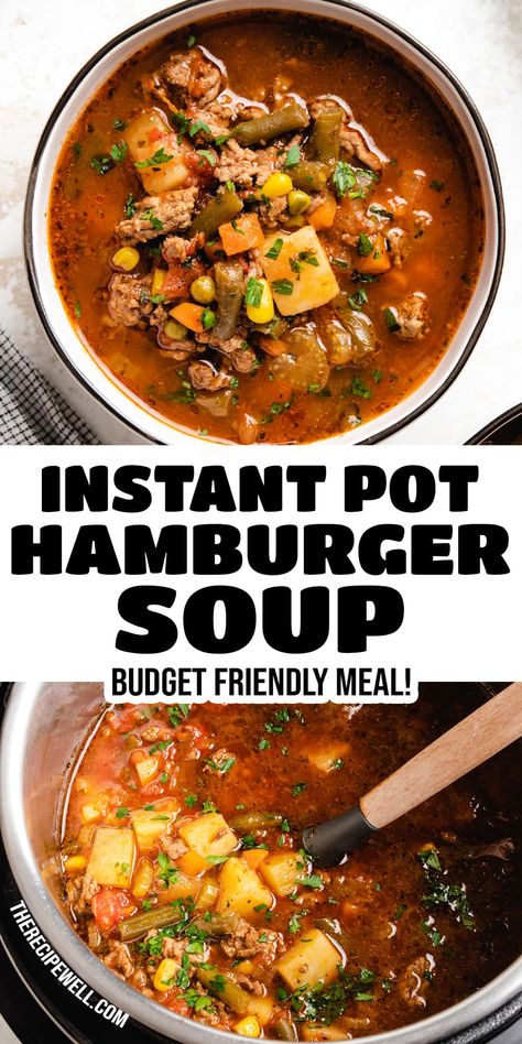 This Instant Pot Hamburger Soup recipe is easy and budget friendly, but doesn't skimp on flavour! Made with extra lean ground beef, frozen vegetables and a handful of pantry staples, this delicious soup will earn a repeat spot on your menu! Instapot Hamburger Vegetable Soup, Instant Pot Hamburger Soup, Beef Veggie Soup, Veggie Soup Recipes, Hamburger Vegetable Soup, Beef Recipe Instant Pot, Instant Pot Pasta Recipe, Beef Soup Recipes, Soup With Ground Beef