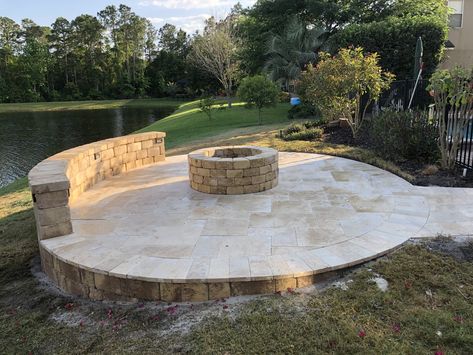 Sand dune pavers on fire pit from Tremron Pavers With Fire Pit, Lake House Patio, Paver Fire Pit, Travertine Pavers, Patio Fire Pit, Fire Pit Area, Fire Pit Patio, Paver Patio, Firepit