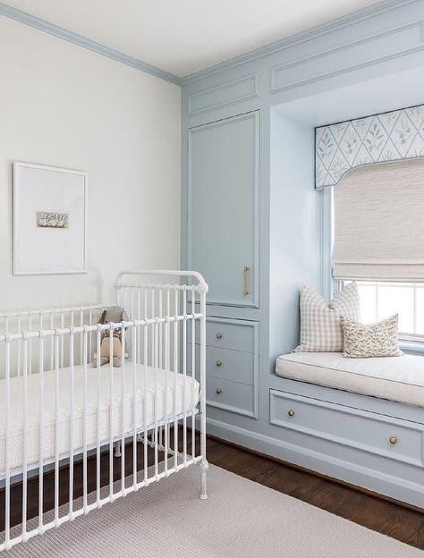 Simple Blue Nursery, Blue Trim Nursery, Blue Painted Nursery, Nursery Paint Colors Neutral, Light Blue Nursery, Transitional Nursery, Modern Boy Nursery, Metal Crib, Vintage Crib