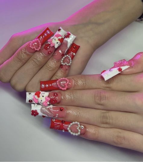 Junk Valentines Nails, Valentines Junk Nails, Hello Kitty Nails Valentines, Hello Kitty Valentine Nails, Valentines Day Nails Hello Kitty, Valentines Nails With Charms, Hello Kitty Valentines Day Nails, Hello Kitty Valentines Nails, Alt Valentines Nails