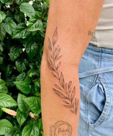 Arm Tattoo Filler For Women, Leaf Tattoo Filler, Leaf Filler Tattoo, Forearm Filler Tattoo, Fine Line Forearm Tattoo Women, Leaf Branch Tattoo, Arm Filler Tattoo Ideas, Branch Tattoo Arm, Small Filler Tattoo Ideas