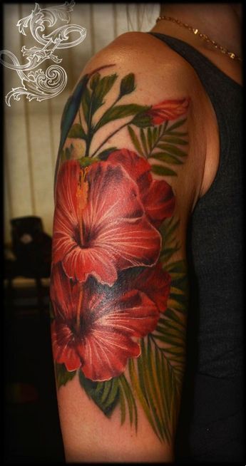 Roses And Hibiscus Tattoo, Polynesian Flower Tattoos Women, Red Flower Sleeve Tattoo, Hawaiian Flower Tattoos Sleeve, Hibiscus Flower Tattoos Sleeve, Floral Tattoo Design Sleeve, Wolf Sketch Tattoo, Exotic Flower Tattoos, Blue Flower Tattoo