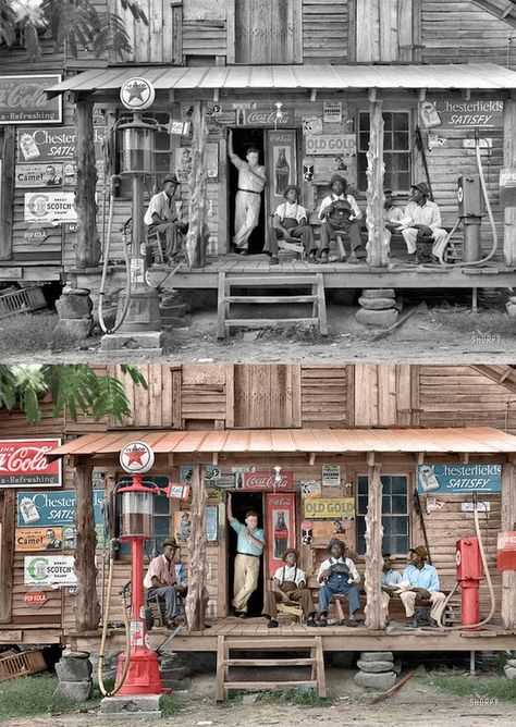 July 1939. Gordonton, North Carolina. "Country store on dirt road. Sunday afternoon. Note kerosene pump on the right and the gasoline pump on the left. Rough, unfinished timber posts have been used as supports for porch roof. Negro men sitting on the porch. Brother of store owner stands in doorway." 4x5 negative by Dorothea Lange Colorized History, Colorized Historical Photos, Timber Posts, Porch Roof, Human Interest, Old Country Stores, Old Gas Stations, Colorized Photos, Asia Tenggara