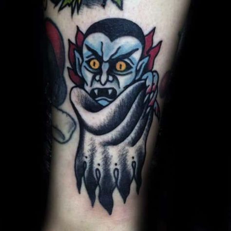 Unique Small Dracula Bat Mens Traditional Lower Forearm Tattoo Dracula Tattoo, Tato Tradisional, Vampire Tattoo, Monster Tattoo, Ankle Tattoo Designs, Small Forearm Tattoos, Tattoo Old School, Traditional Tattoo Sleeve, Sweet Tattoos