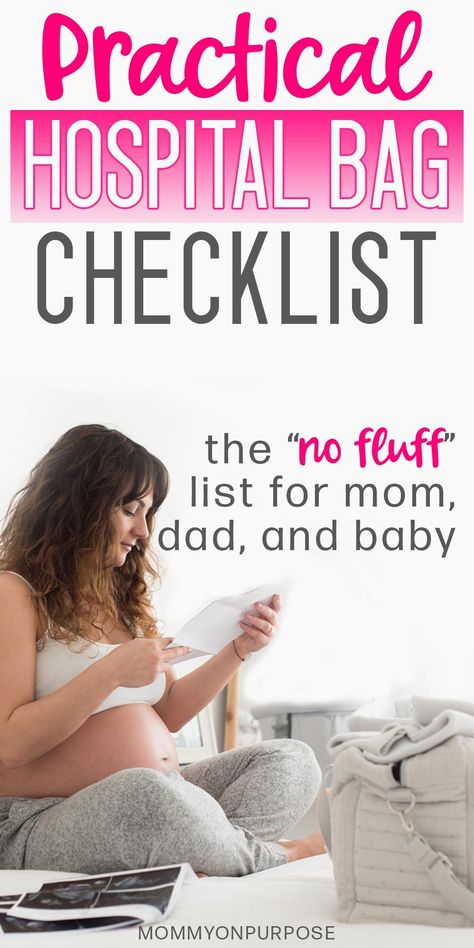 Looking for a practical hospital bag checklist? So was I when I gave birth to my first baby. Here is a hospital checklist for mom, dad, and baby. This list has all of the simple things that you'll actually use - which is probably less stuff than you thought! #newmom #hospitalbag #mommyonpurpose Baby Hospital Bag Checklist, Hospital Checklist, Mom Checklist, Hospital Bag For Mom To Be, Pregnancy Hospital Bag, Baby Hospital Bag, Hospital Bag Essentials, Hospital Bag Checklist, Bag Checklist