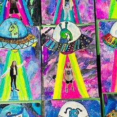 Check out this snippet of our awesome 4th grade alien spaceship project! 🚀 Totally worth the storage space it’s taking up in my room.… | Instagram Glow Art Show, Outer Space Art Projects, Space Art Projects For Kids, Abducted By Aliens, Space Art Projects, Rocket Art, Outer Space Art, Art Mom, Summer Classes