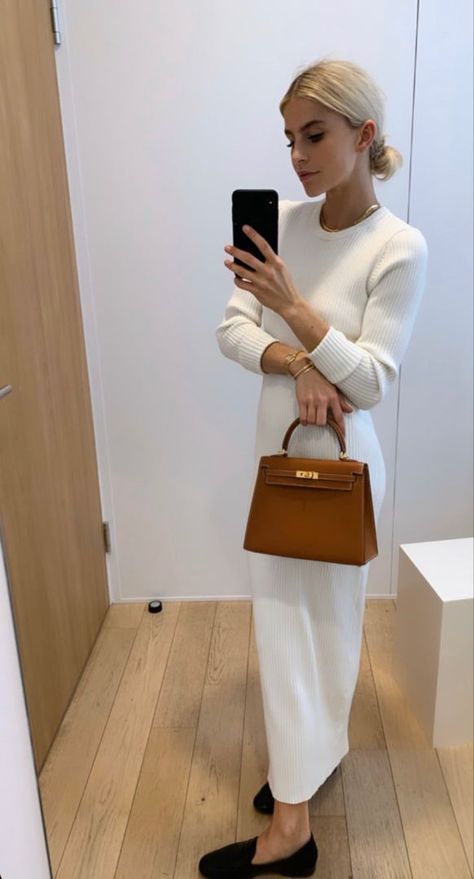 Spring Dress Trends, Caroline Daur, White Knit Dress, Sweater Maxi Dress, Striped Knit Dress, Brown Purse, Maxi Knit Dress, Sporty Chic, Spring Trends