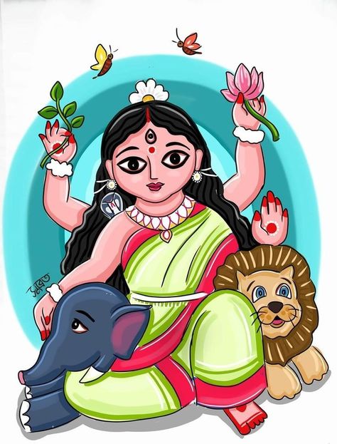 Durga Painting For Kids, Durga Puja Drawing For Kids, Durga Thakur Drawing, Durga Puja Painting, Durga Puja Drawing, Maa Drawing, Durga Face, Durga Maa Paintings, Mother Dairy