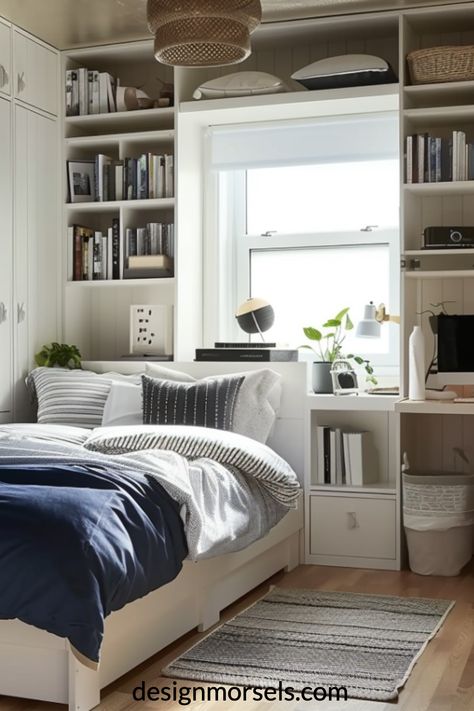 small bedrom with vertical open shelves Small Space Living Bedroom Ideas, Tiny Room Storage Ideas Bedrooms, Small Room Layout Ideas Bedroom, Bed Under Window Ideas Small Spaces, Small Bedroom With Bookshelves, Teen Small Bedroom Ideas, Small Bedroom Layout Ideas With Desk, Decorating Small Bedrooms, Small Space Storage Bedroom