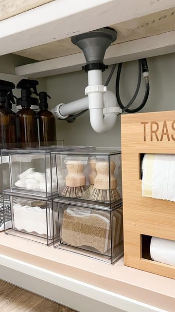 Kitchen Organization Ideas Aesthetic, Above Sink Organization, Kitchen Cleaning Products Storage, Organized Under Bathroom Sink, Underneath Sink Organization Kitchen, Under Restroom Sink Organization, Kitchen Organization Fridge, Amazon Under Sink Organization, House Organisation Kitchen