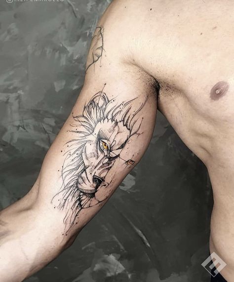 Half Lion Tattoo Men, Inner Bicep Small Tattoo, Small Lion Tattoo Men Arm, Lion Bicep Tattoo Men, Inner Bicep Tattoo Men Simple, Tricep Tattoo Men Simple, Inner Bicep Tattoo Men Ideas Design, Triceps Tattoo Men, Geometric Lion Tattoo Design