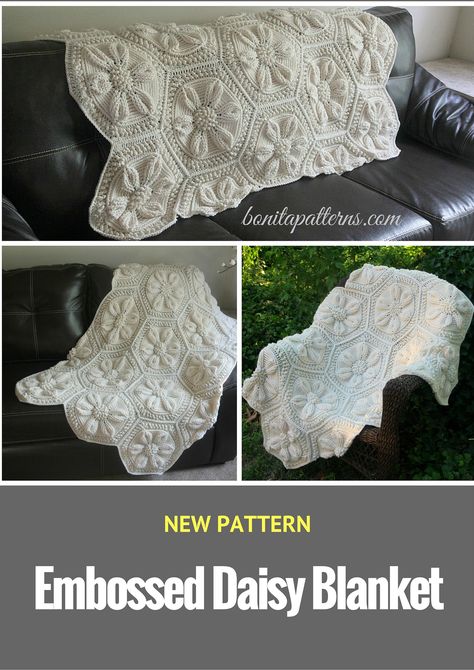 Afgan Patterns, Embossed Crochet, Daisy Blanket, Cloth Crochet, Puff Flower, Crochet Puff Flower, Crocheted Blankets, Crochet Square Blanket, The Whoot