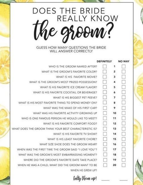 Lemonade Theme "Does the Bride Really Know the Groom" Bridal Shower Game, Beyonce, Printable What Is The Bride Wearing Game, Wedding Shower Games For Couples Free Printable, Bridal Shower Couple Questions, Questions For The Bride About The Groom, Questions To Ask Groom For Bachelorette, Does The Groom Really Know The Bride, Questions For Groom Bridal Shower Game, Does The Bride Know The Groom, Groom Questions For Bachelorette Party