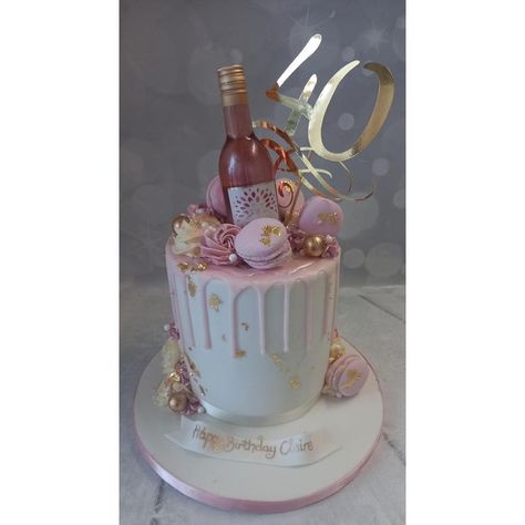 pink drip cake with small bottle of wine, edible gold leaf, macarons and mirror card topper Cake With Wine Bottle, Pink Drip Cake, Birthday Wine Bottles, Beautiful Baking, Thematic Cake, Edible Gold Leaf, Edible Gold, Cakes For Women, Birthday Wine