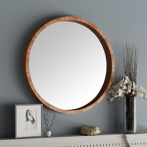 Wood Circle Mirror Bedroom, Wood Frames Round Mirror, Circular Mirror Wood Frame, Brown Vanity Circular Mirror, Mirror For Bathroom Vanity, Mirror Wood Frame, Modern Round Mirror, Vanity Living Room, Round Wood Mirror