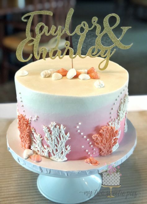 Coral Cake Ideas, Coral Cake Birthday, Coral Birthday Decorations, Coral Anniversary, 35 Anniversary, Coral Wedding Cakes, Coral Cake, Sea Glass Wedding, Anniversary Cookies