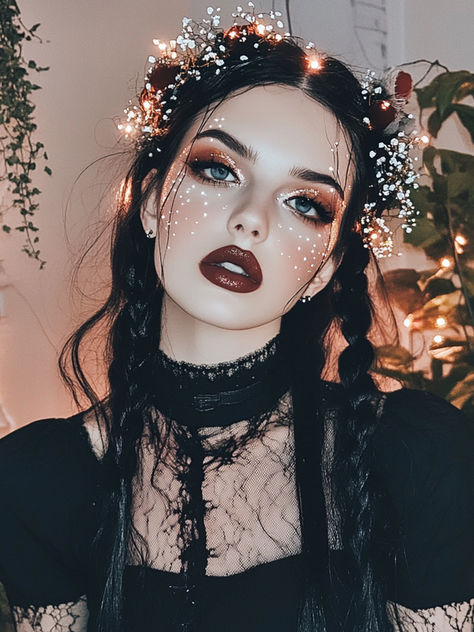 Hottest Witch Makeup Looks with Black Hair Witch Beauty Makeup, Winter Solstice Makeup, Witch Make Up Pretty, Modern Witch Makeup, Moon Witch Makeup, Cute Witch Makeup, Glam Witch Makeup, Witchy Makeup Looks, Witch Makeup Looks