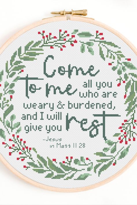 Come to me all you who are weary and burdened, and i will give you rest. Jesus in Matthew 11:28. Christian Bible Verse Crafts Cross Stitch Chart Pattern Cross Stitch Patterns Christian, Christian Cross Stitch Patterns Free Printable, Christian Cross Stitch Patterns Free, Bible Verse Crafts, Christian Cross Stitch Patterns, Christian Cross Stitch, Christian Crafts, Chart Pattern, Dmc Embroidery Floss