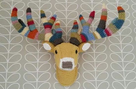 Crochet deer/stag head. I made this last week to hang on my lounge wall :) Crochet Deer Head Pattern, Crochet Trophy Head, Crochet Deer Head, Crochet Animal Heads, Crochet Animal Head, Crochet Taxidermy, Crochet Wall Art, Crochet Deer, Crochet Wall Hangings