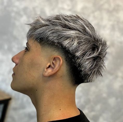 Men Grey Hair Dye, White Tips Hair, Platinum Grey Hair, Pelo Color Ceniza, Grey Dyed Hair, White Haircut, Greyish Blonde Hair, Guys Fashion Casual, Burst Fade