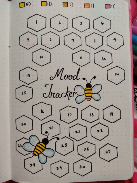 Bulett Journal Page Ideas 2023, April Mood Tracker Bullet Journal, Bee Mood Tracker, Mood Tracker Aesthetic, Mood Journal Ideas, Mood Tracker April, Bee Bullet Journal, Moon Tracker, April Mood Tracker